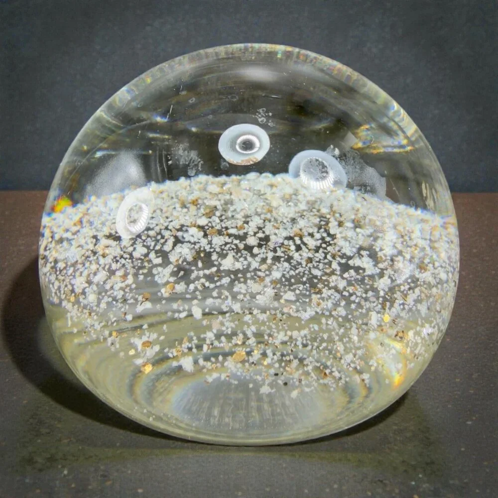 Hand Blown Italian Murano Art Glass Paperweight Dome With Sparkles Center Glass